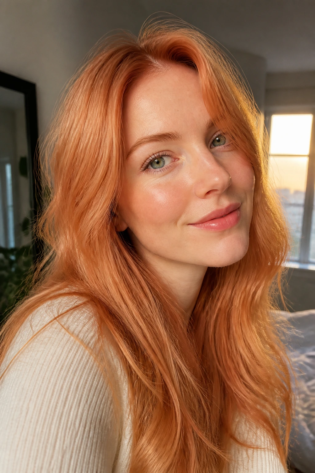 Close-up of a real woman with apricot copper hair in warm natural light