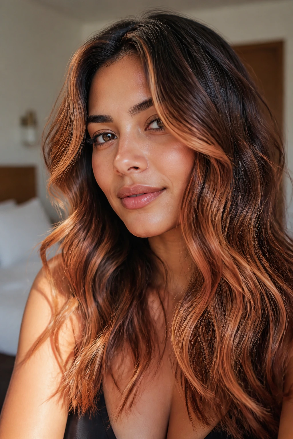 Close-up portrait of a real woman with medium skin showing apricot copper highlights in beachy waves around the face.