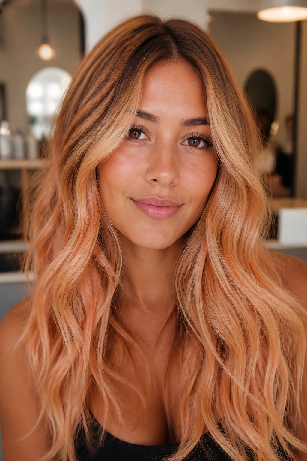 Portrait of person with apricot copper melt hair and soft gloss