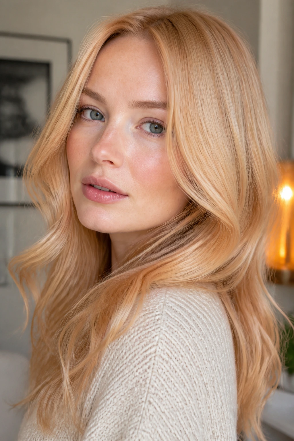 Close-up of Apricot Cream Blonde hair on a real woman in a cozy room