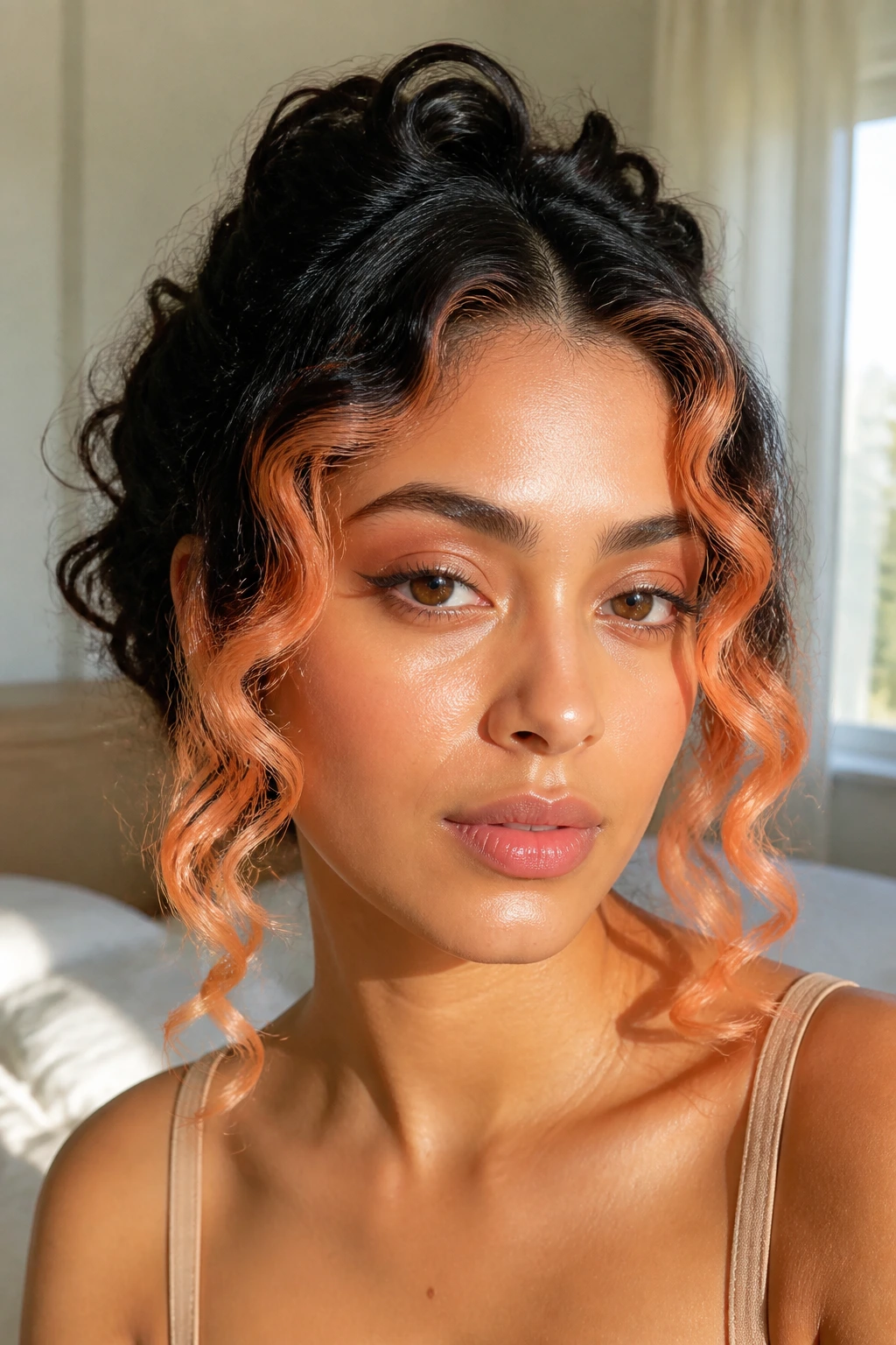 Close-up of a woman with apricot face-framing curls