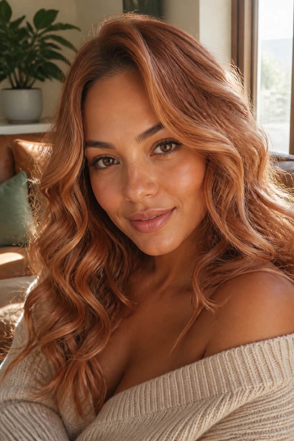 Close-up of a woman with soft curls and apricot highlights in natural light.