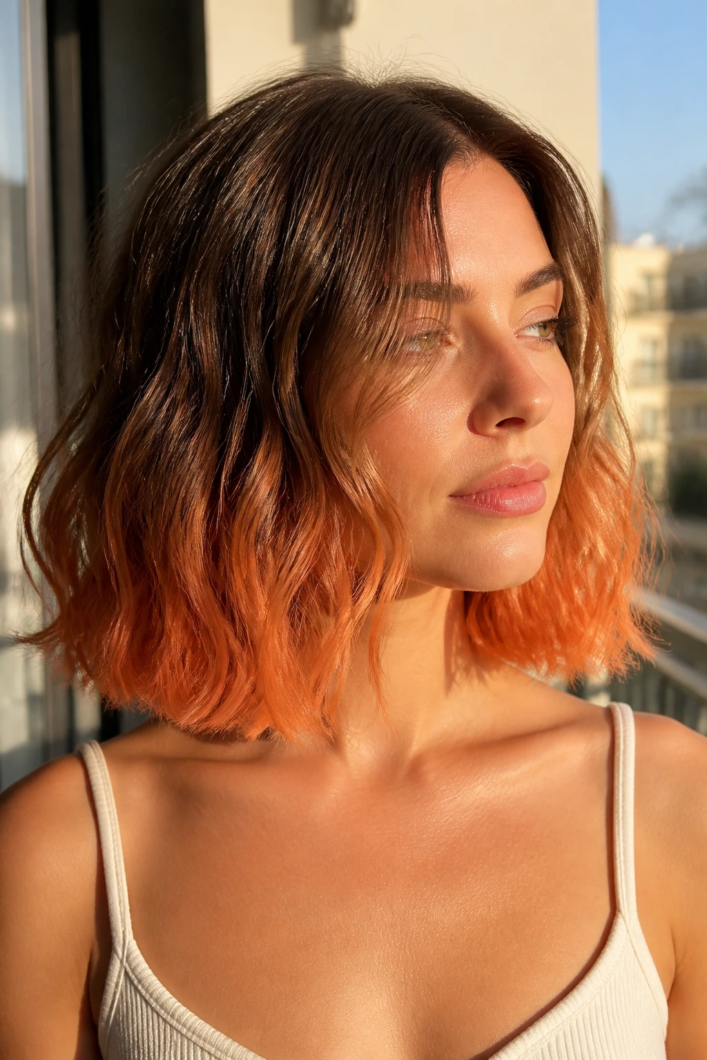 Close-up of a real woman with apricot dip-block on collarbone-length wavy hair