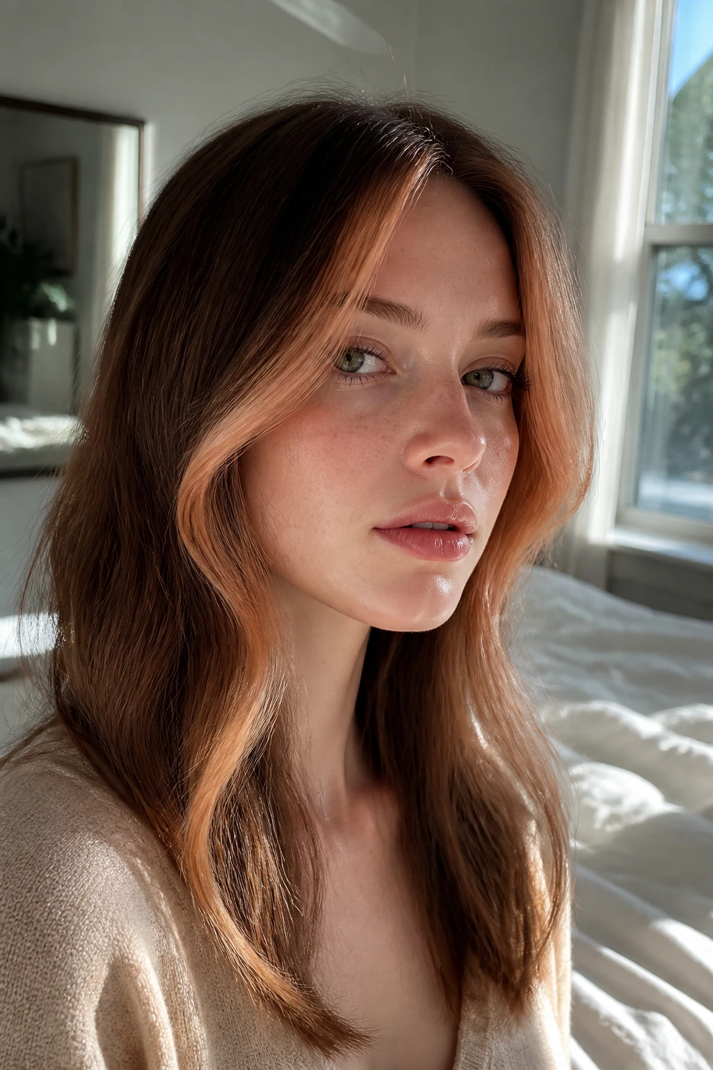 Close-up portrait of a woman with an apricot-gold face frame around the cheeks in natural window light