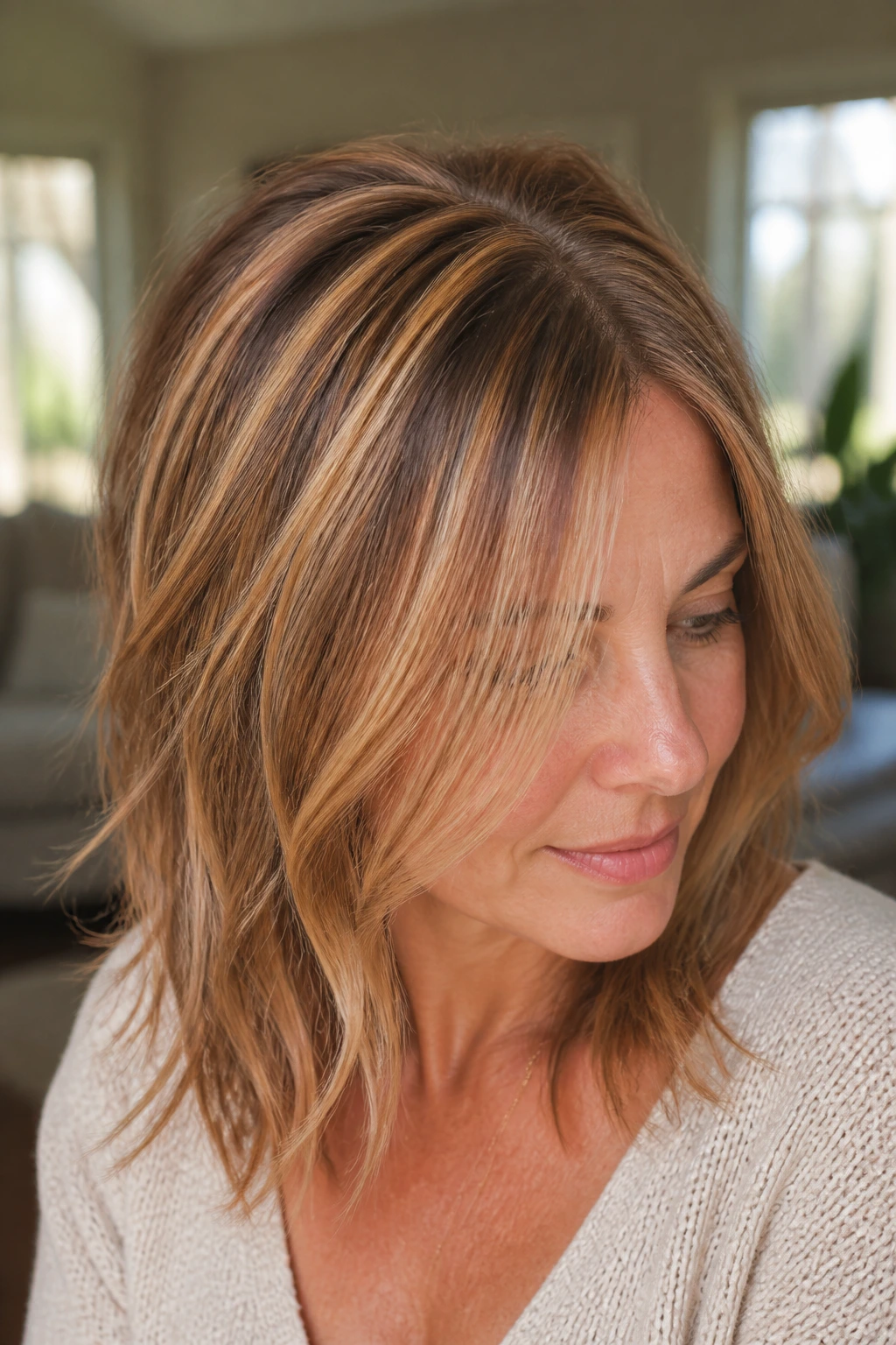 Apricot glaze highlights with golden undertones around crown on fine hair