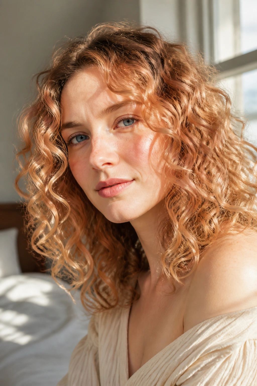 Close-up portrait of a real woman with pale skin and apricot glaze highlights in curly hair