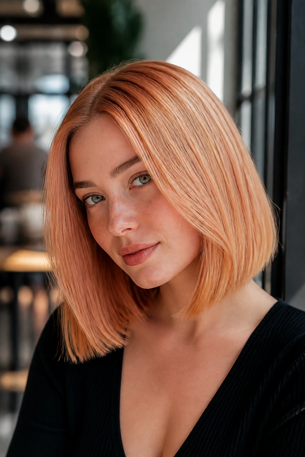 Real person with apricot glaze lob and polished finish.