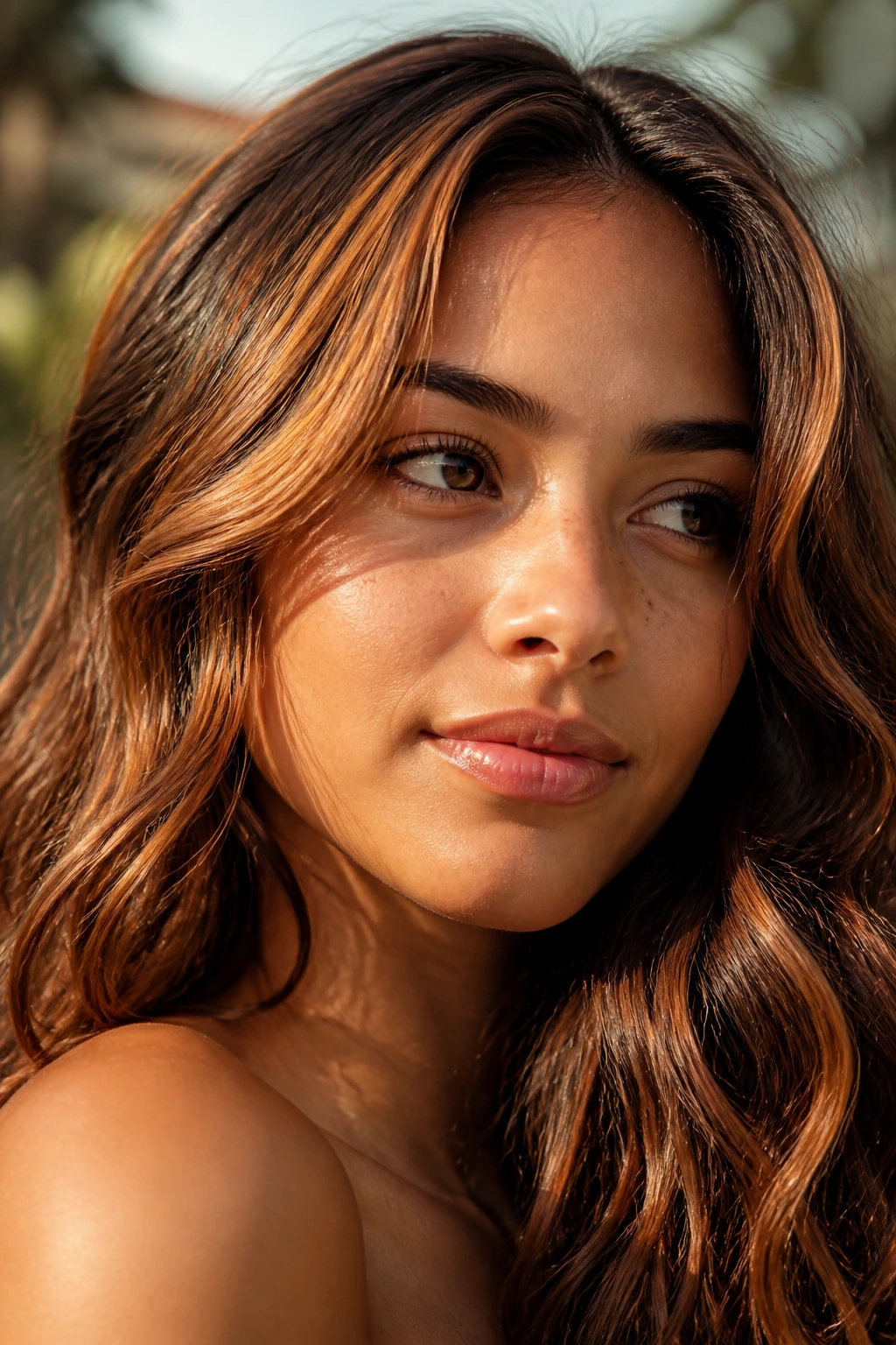 Close-up of apricot glaze ribbons in hair catching light