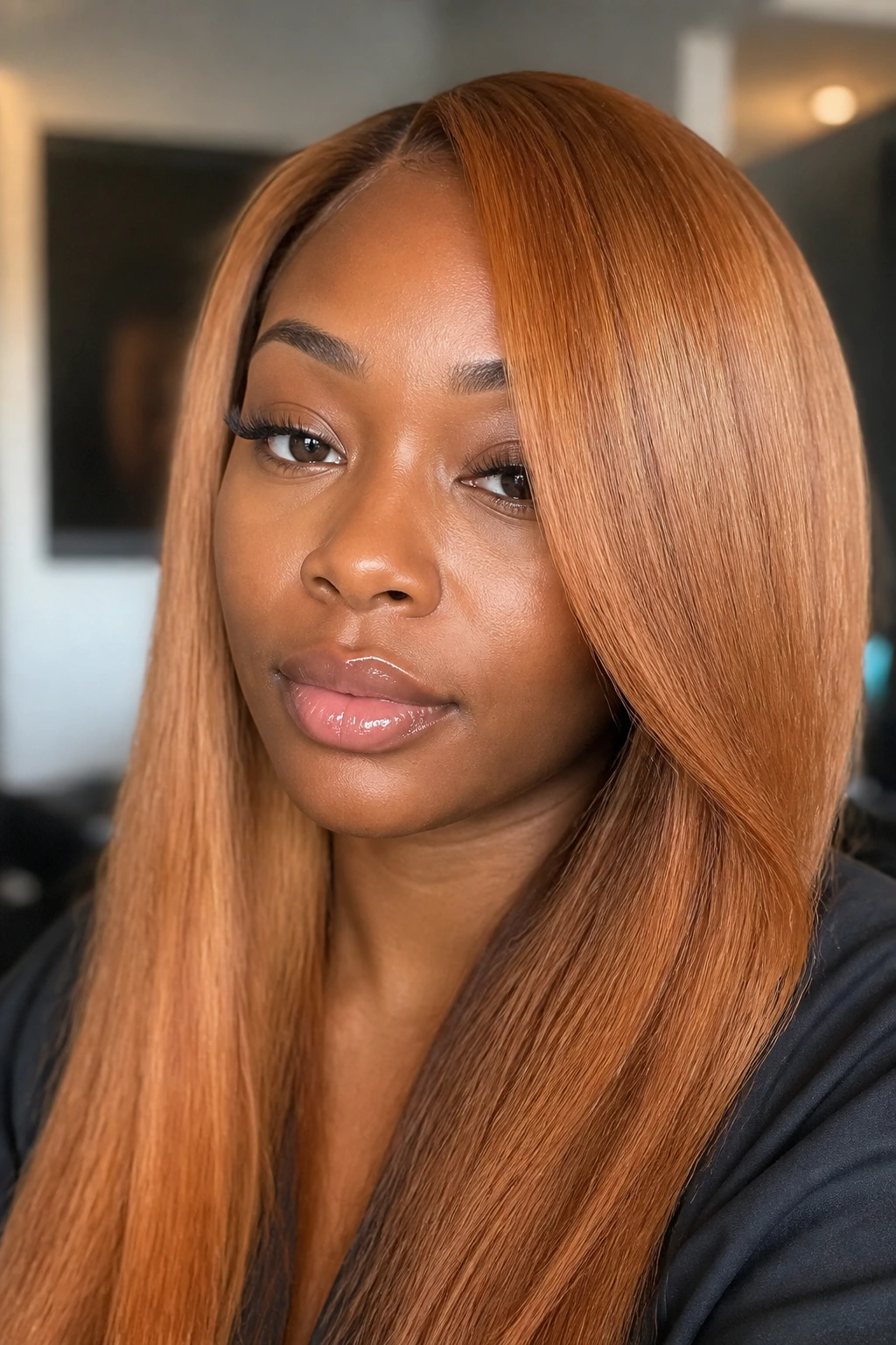 Close-up of a real person with apricot-glaze silk press hair