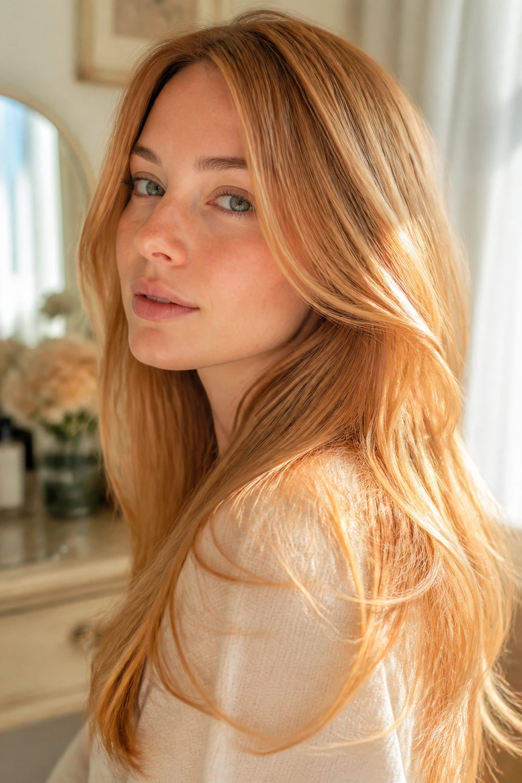 Close-up of apricot-glossed long layered hair on a real person