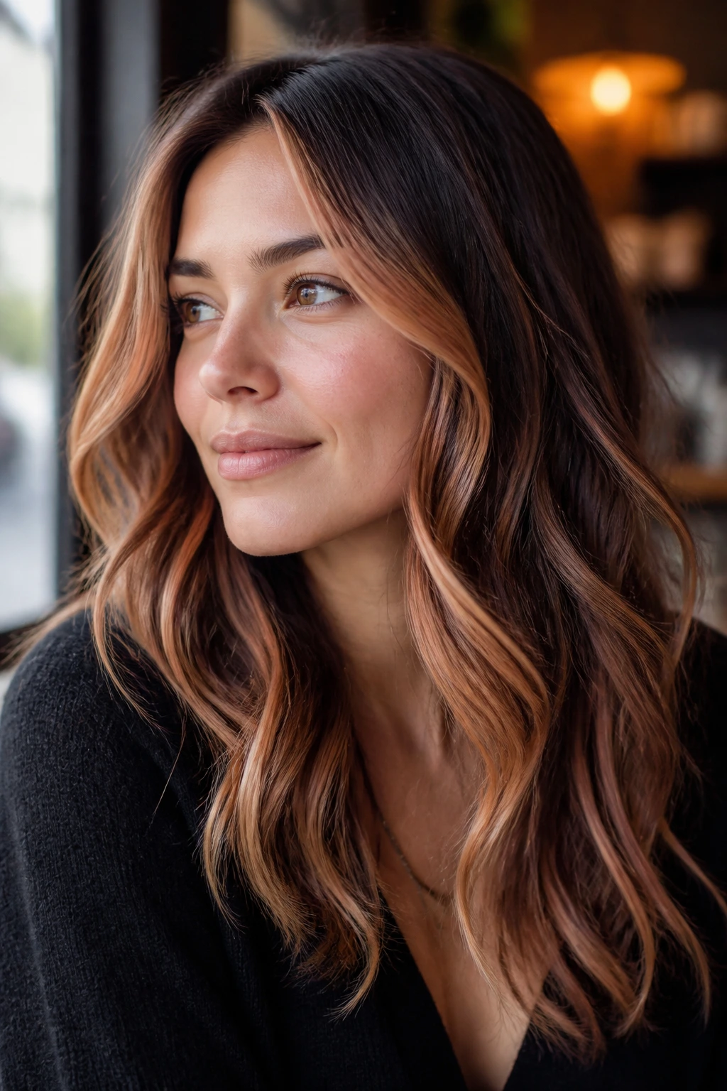 Brunette with apricot gold highlights in natural daylight
