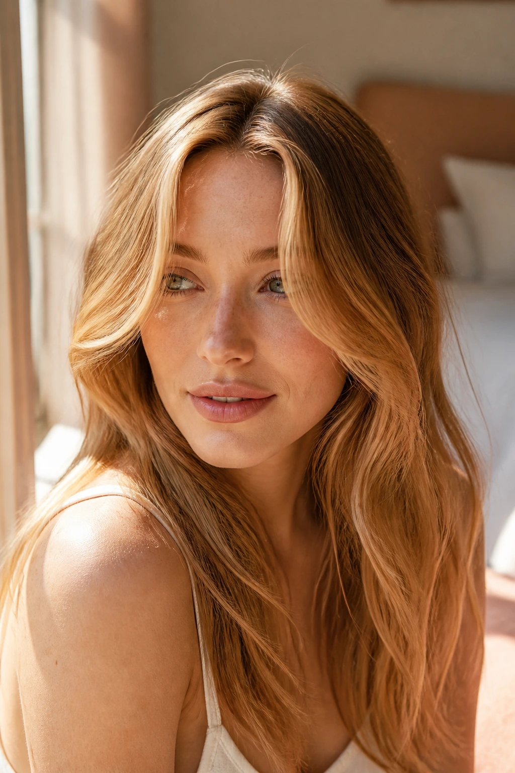 Close-up of a real woman with apricot-gold tint around the front hairline