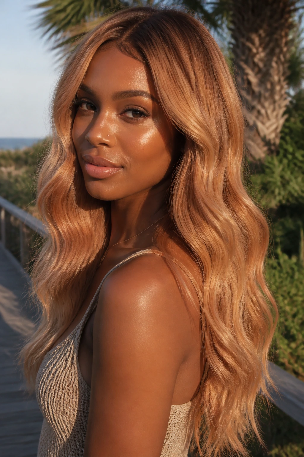 Close-up of a woman with apricot gold waves and warm peachy highlights