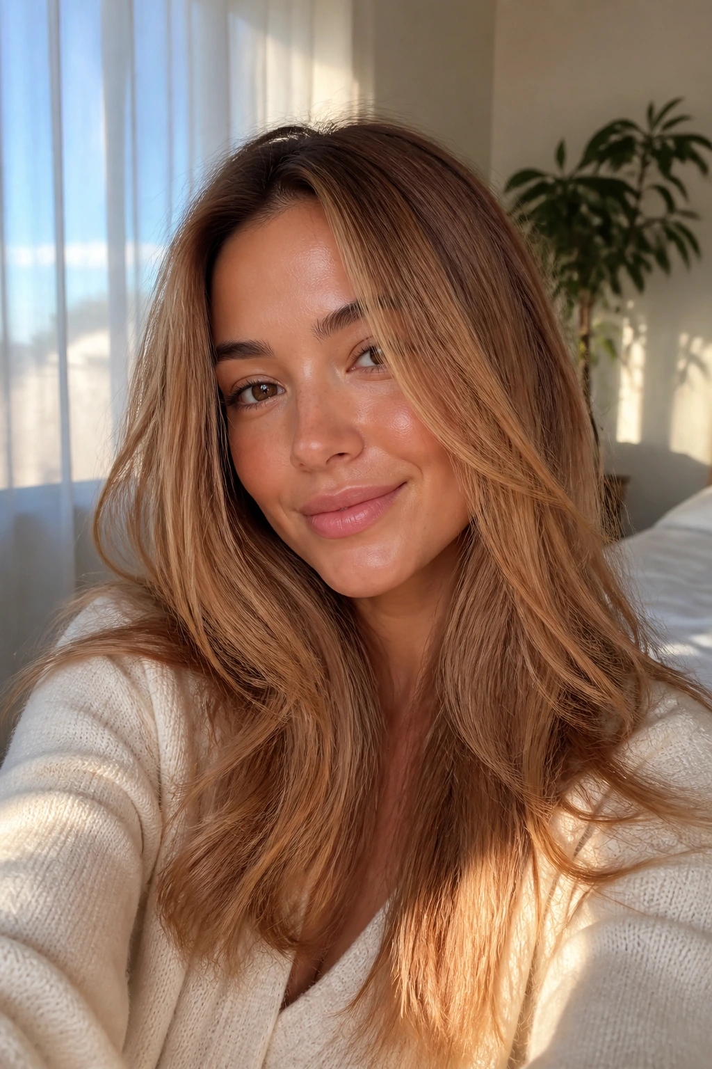 Close-up of a real person with apricot honey gloss on light brown hair under soft sunlight.