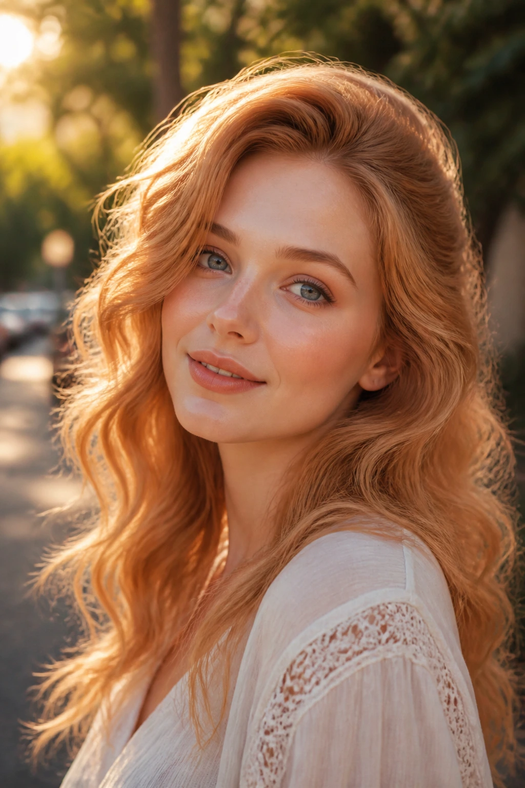 Portrait of a woman with apricot honey around the face and peachy glow.