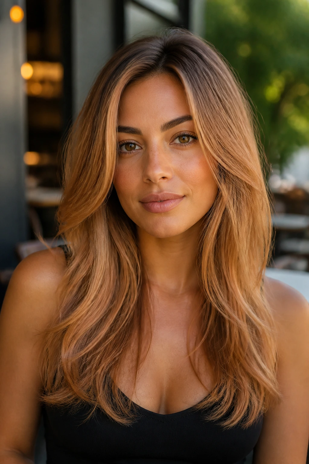 Close-up portrait of a woman with bra-strap-length layered apricot honey hair on olive skin