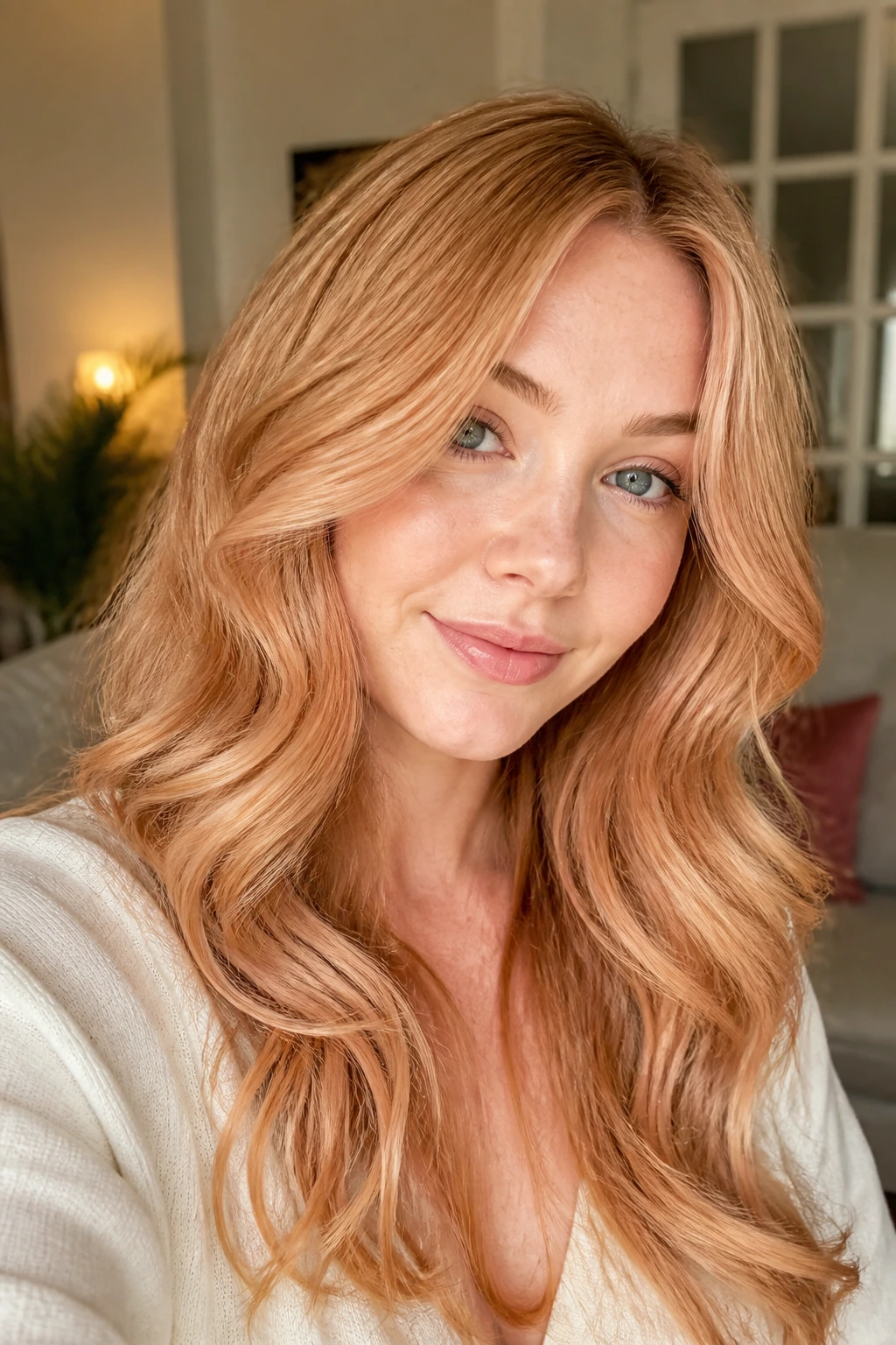 Real person with apricot honey melt hair coloring in warm indoor light