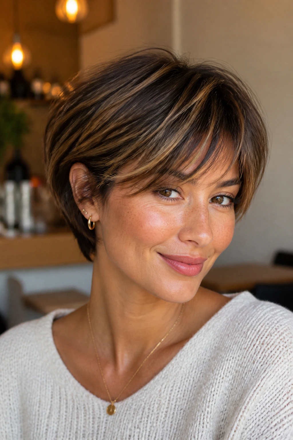 Close-up of short brunette cut with apricot honey highlights at crown and fringe