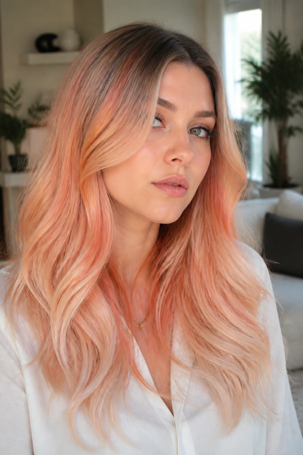 Portrait of a real woman with apricot-ice melt hair color