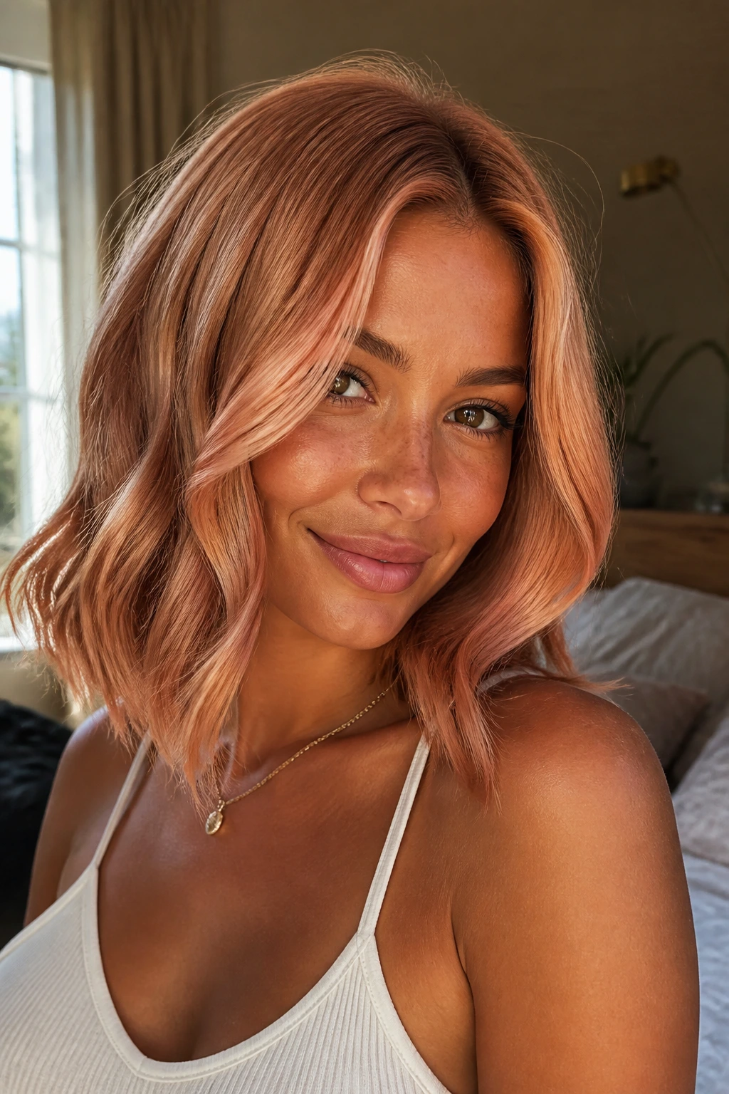 Close-up of a real person with apricot lob and soft bend balayage on tan skin