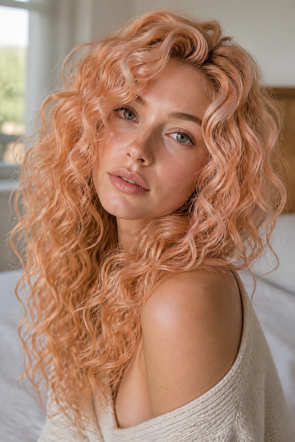 Real woman with apricot mist curls in soft lighting