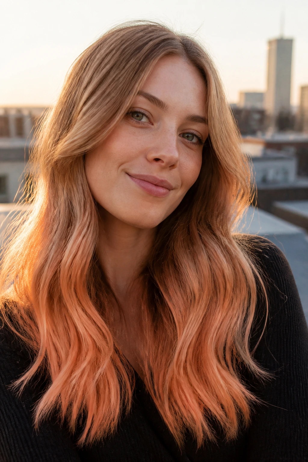 Close-up of a real woman with apricot ombré ends in strawberry blonde hair