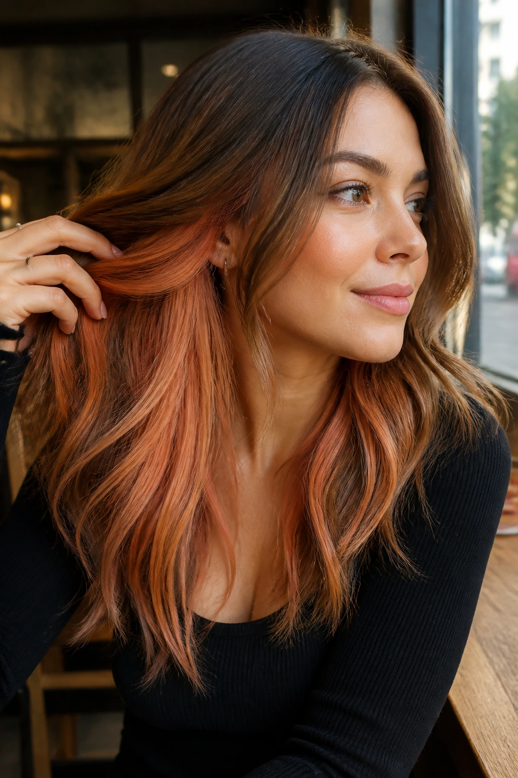 Close-up of real woman with apricot peekaboo panels under hair