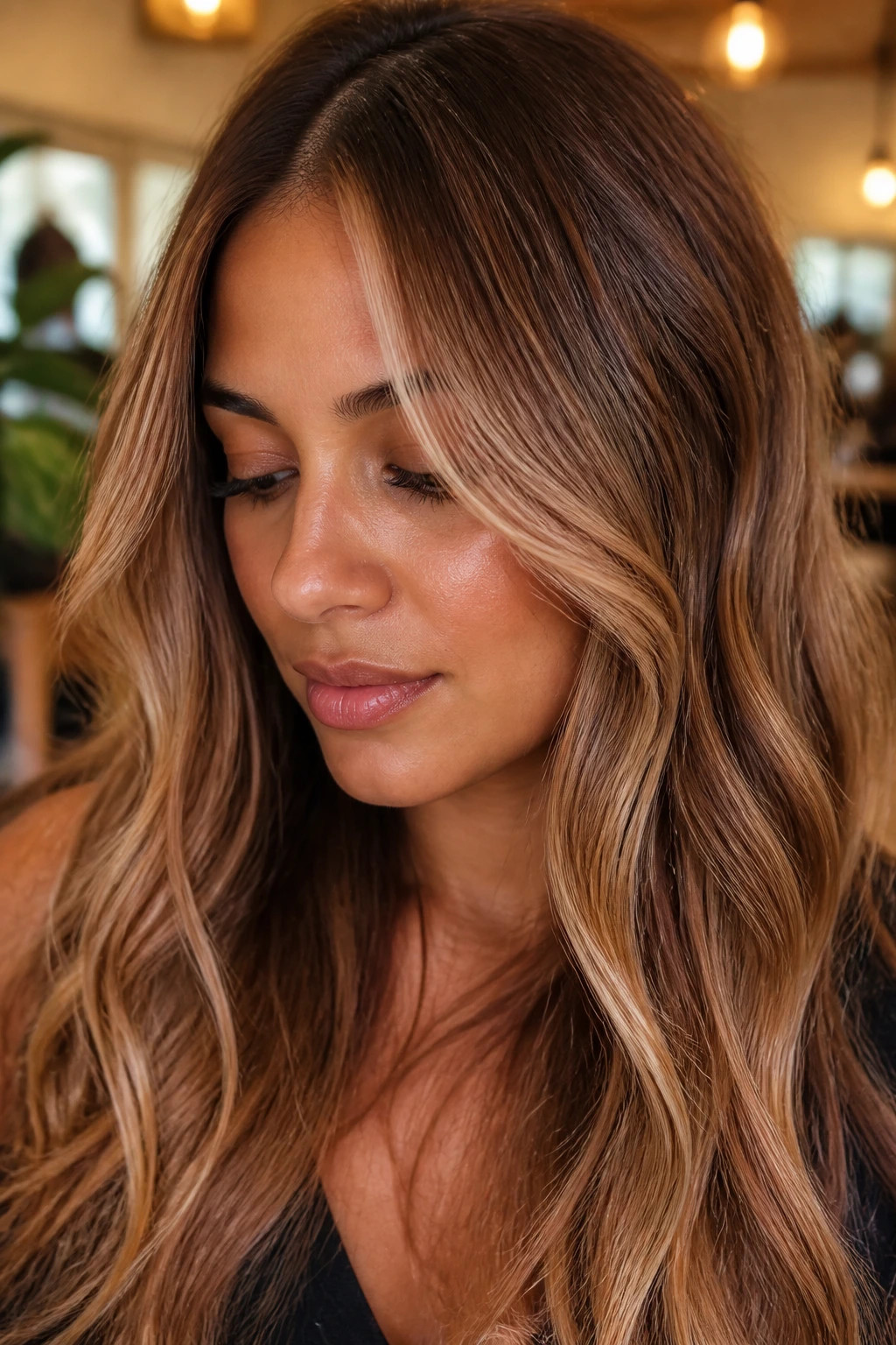 Close-up of apricot ribbon highlights weaving through hair on tan skin