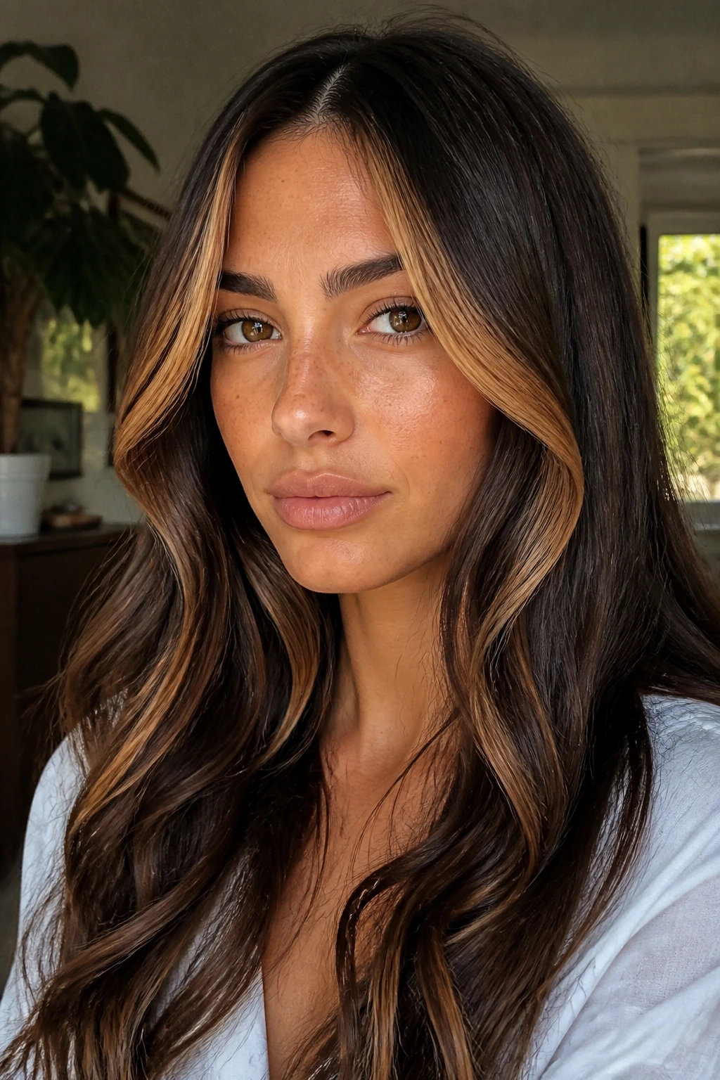 Apricot face-framing ribbons on brunette hair