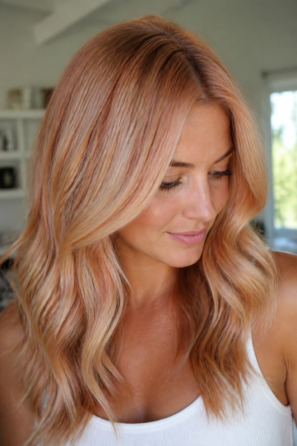 Close-up of a real woman's apricot-root shadow blending into lighter mids