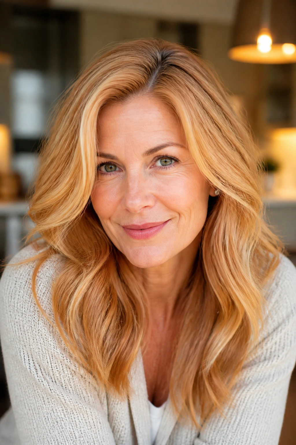 Portrait of a woman with apricot-root-tap blonde and soft root shadow