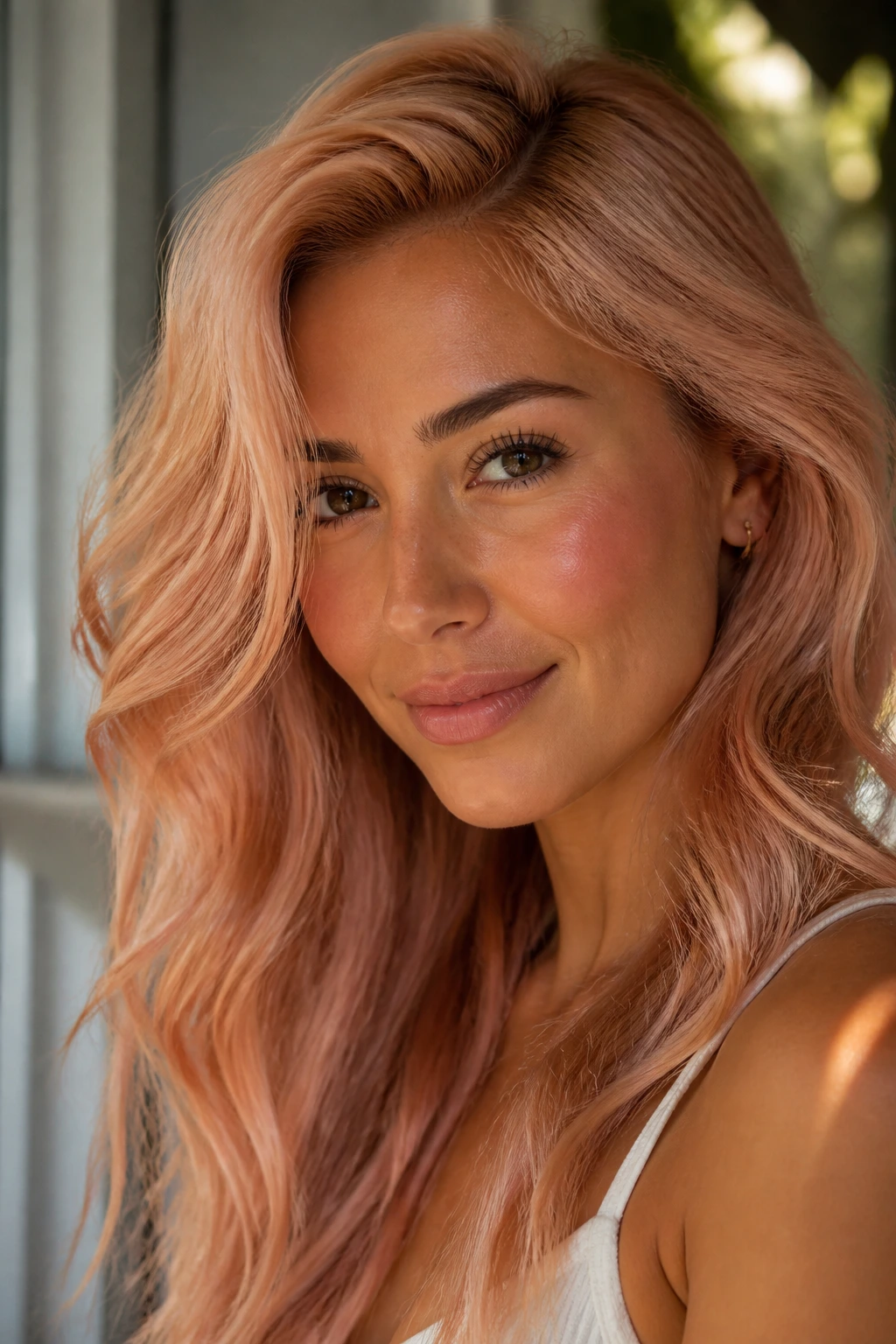 Close-up portrait of a person with apricot rose gold hair and warm skin