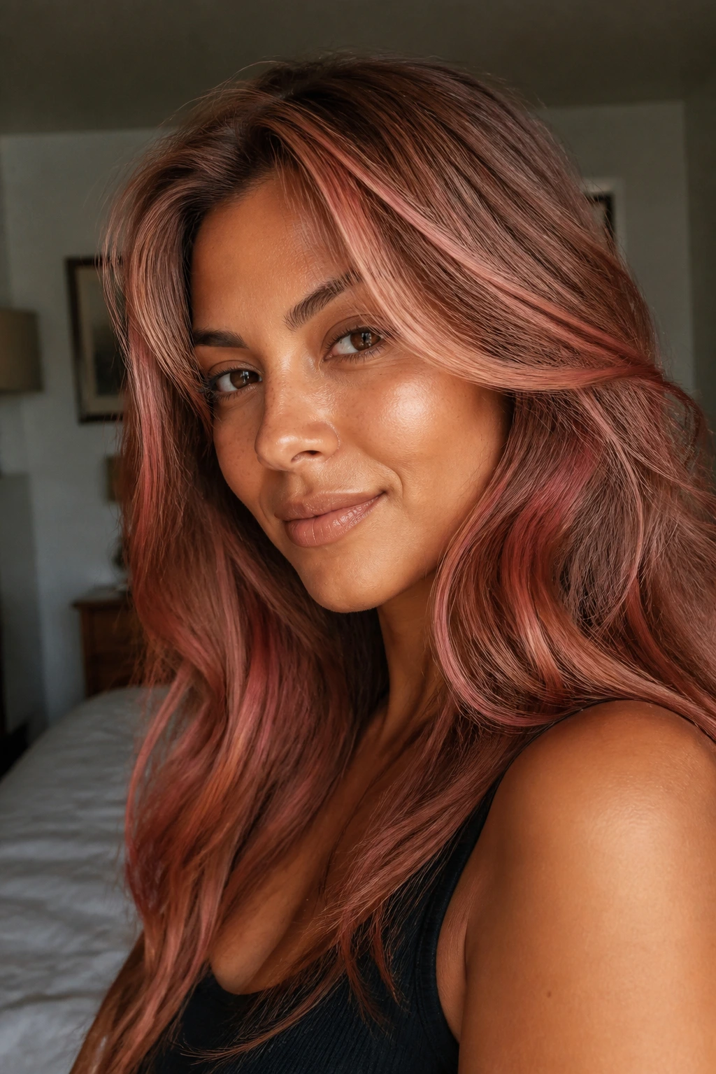 Close-up portrait of a real woman with apricot rose ribbon highlights on olive skin