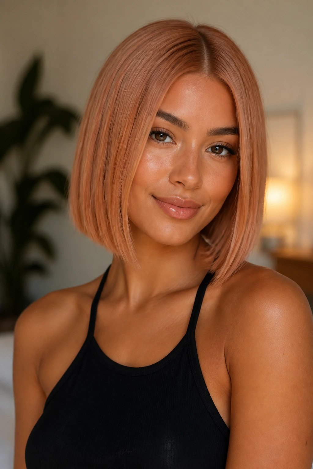 Close-up of a real person with blunt bob and apricot strawberry gloss on tan skin.