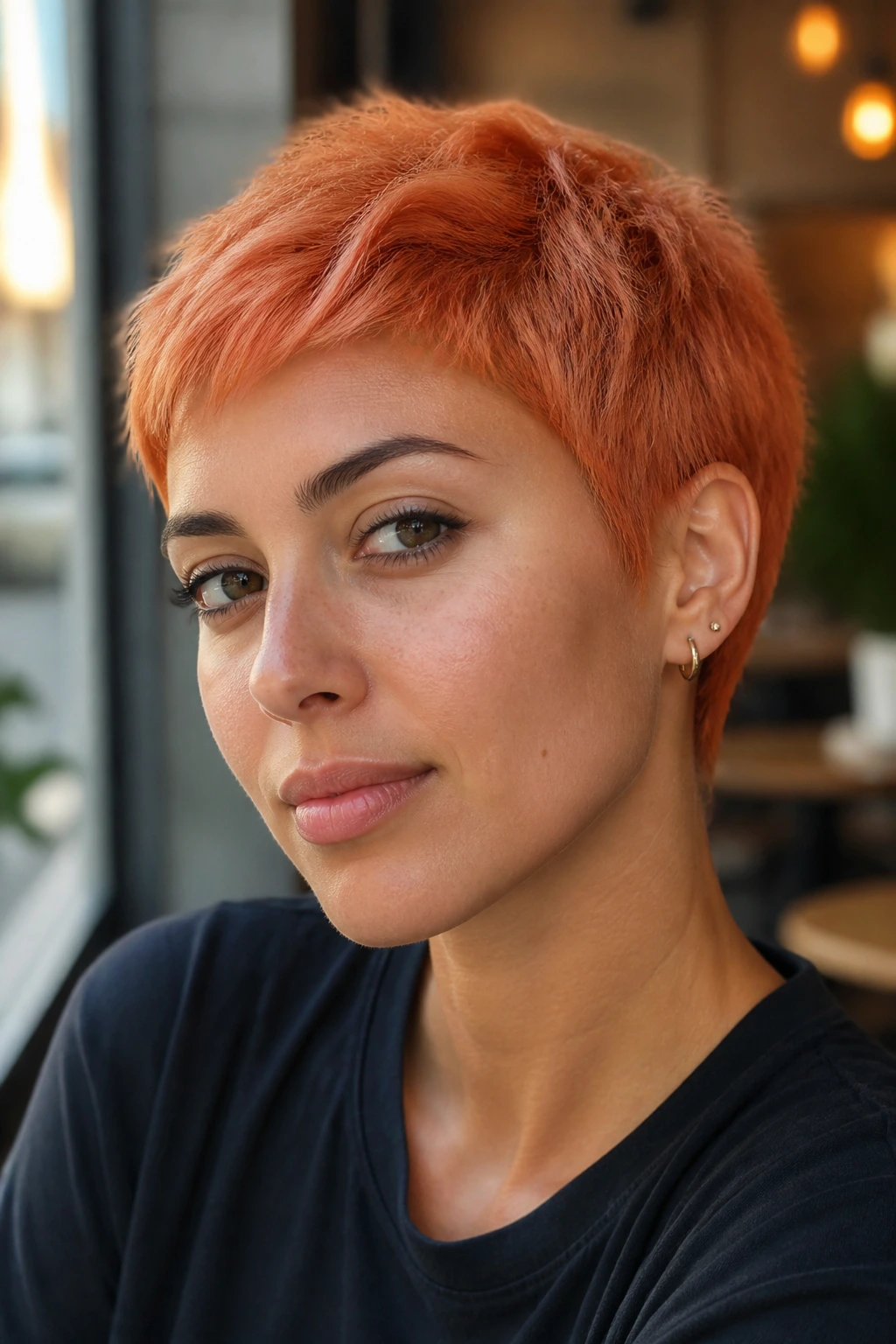 Close-up of a person with an apricot strawberry crop on olive skin.