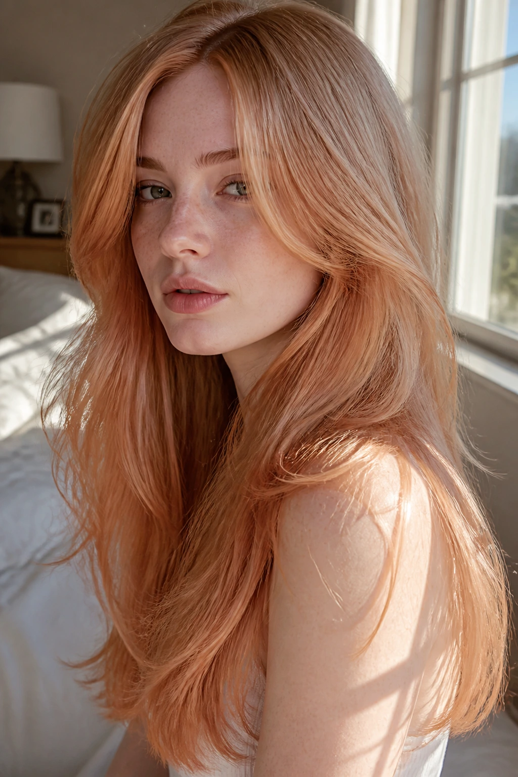 Close-up of a real woman with apricot strawberry ombre and feathered layers