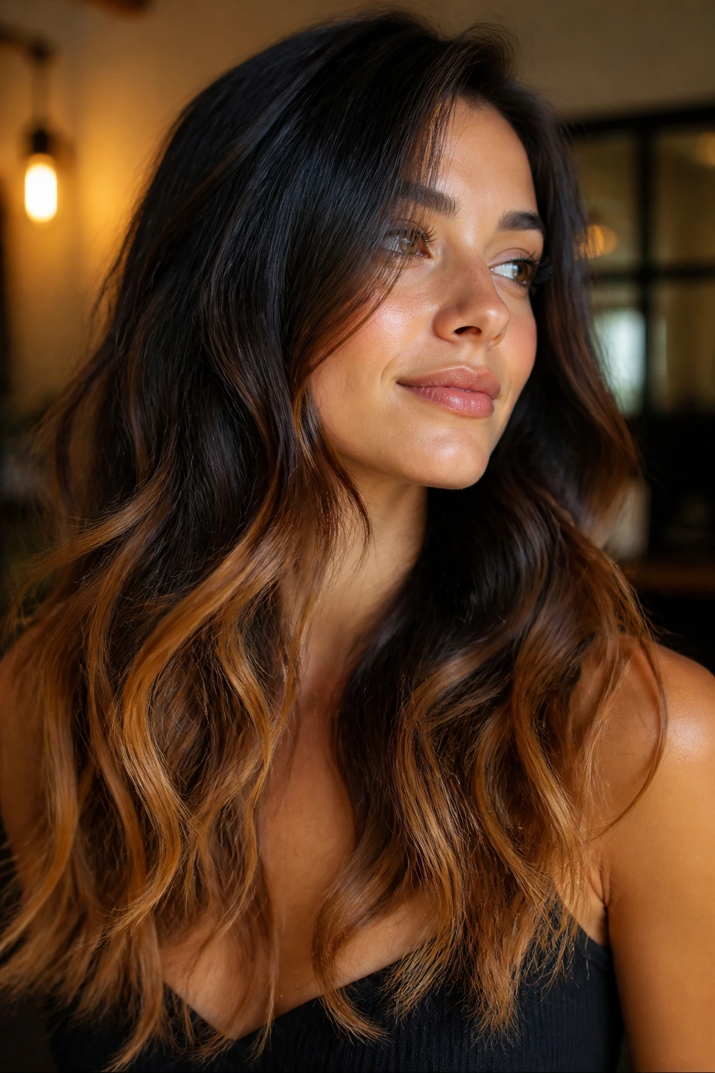 Close-up of a real person with apricot caramel glow on dark wavy hair under warm light