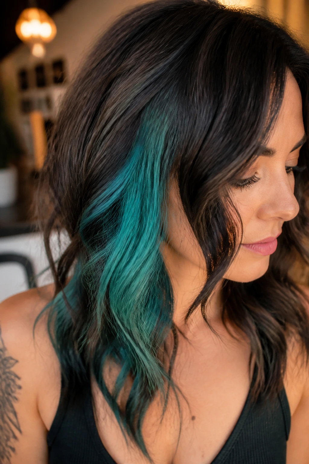 Portrait showing hidden aqua underlayers under brunette hair with waves