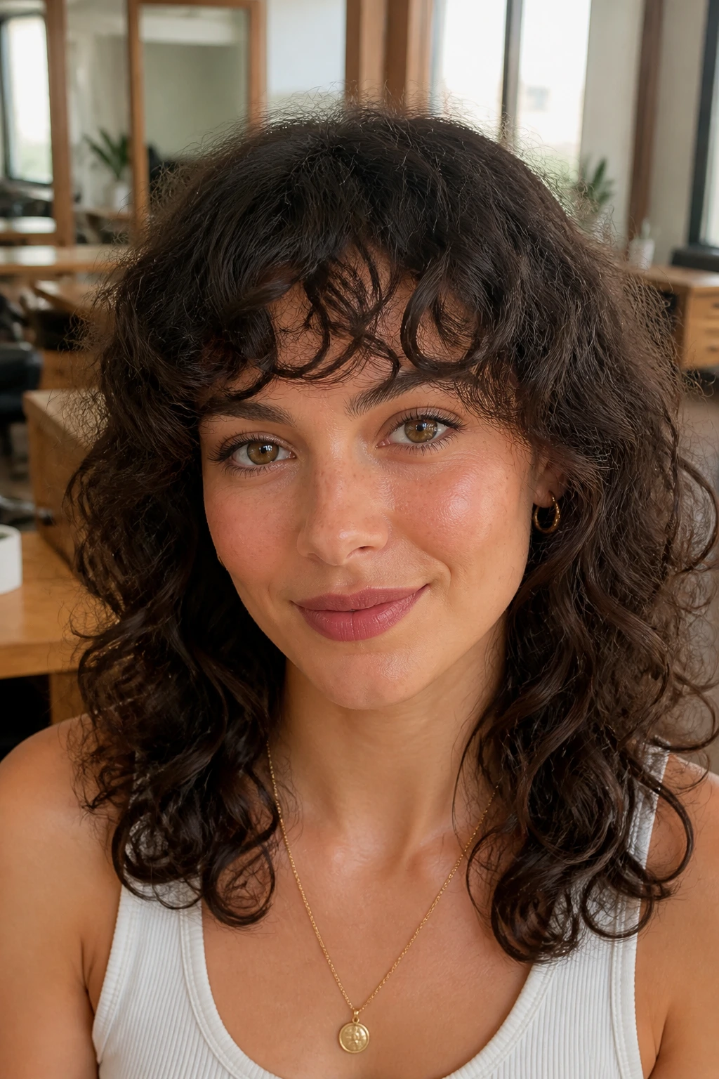 Close-up portrait of a real person with arc bangs following eyebrow curve.