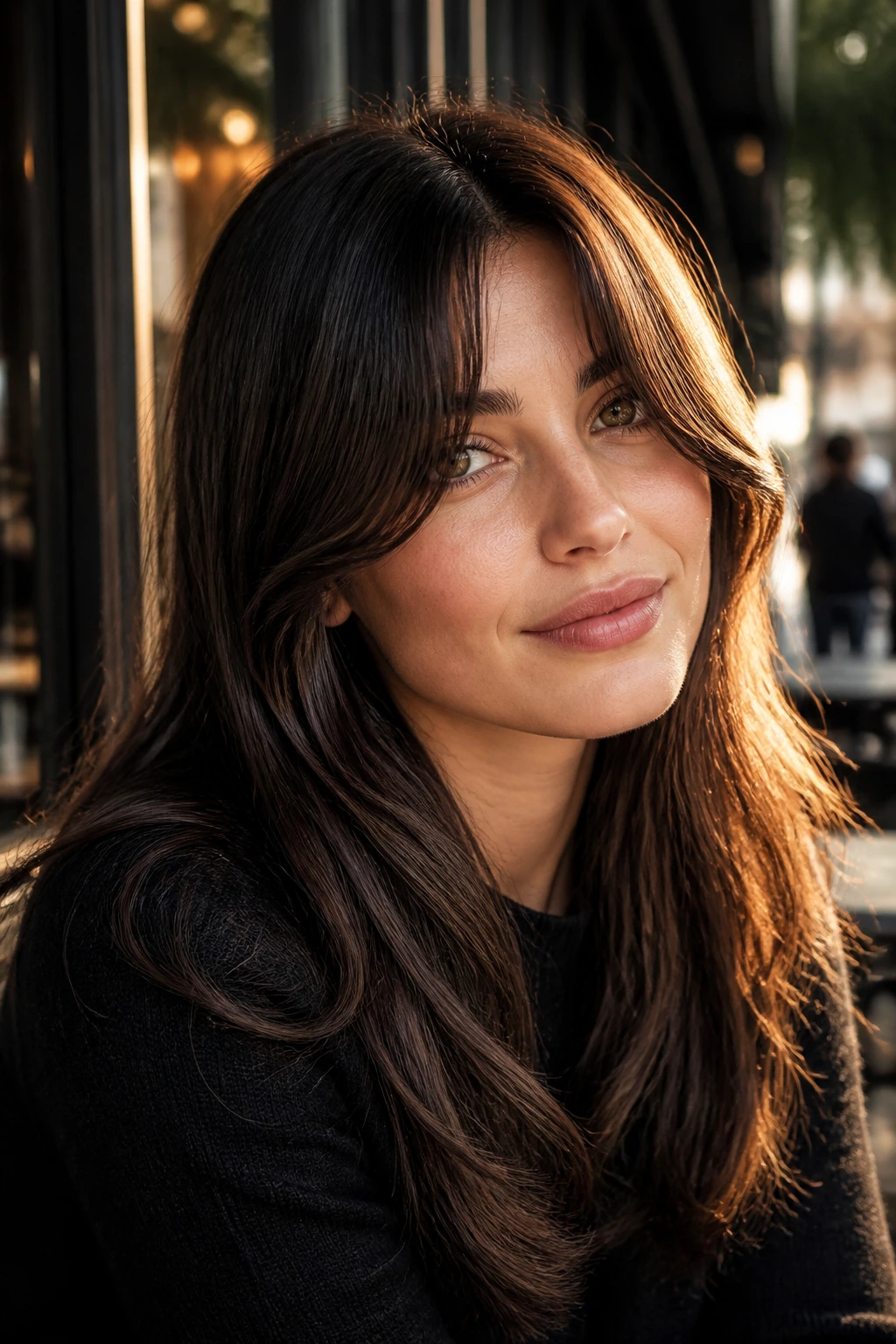 Close-up of a real woman with face-hugging arc curtain bangs along cheekbones.