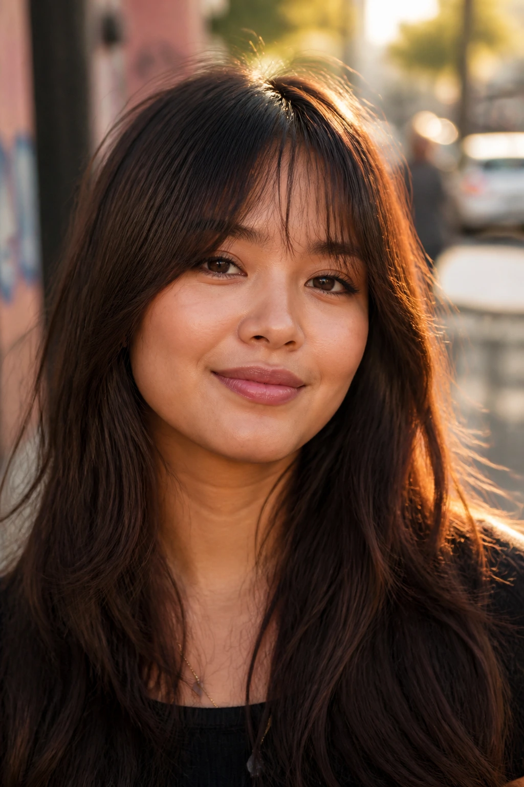 Close-up of a real woman with arc-shaped choppy fringe in golden hour light