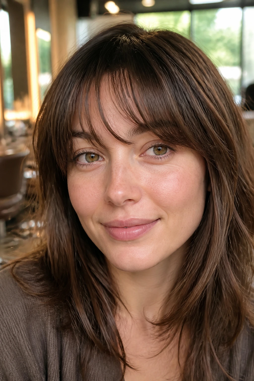 Close-up of a real woman with arc-shaped fringe in a salon.