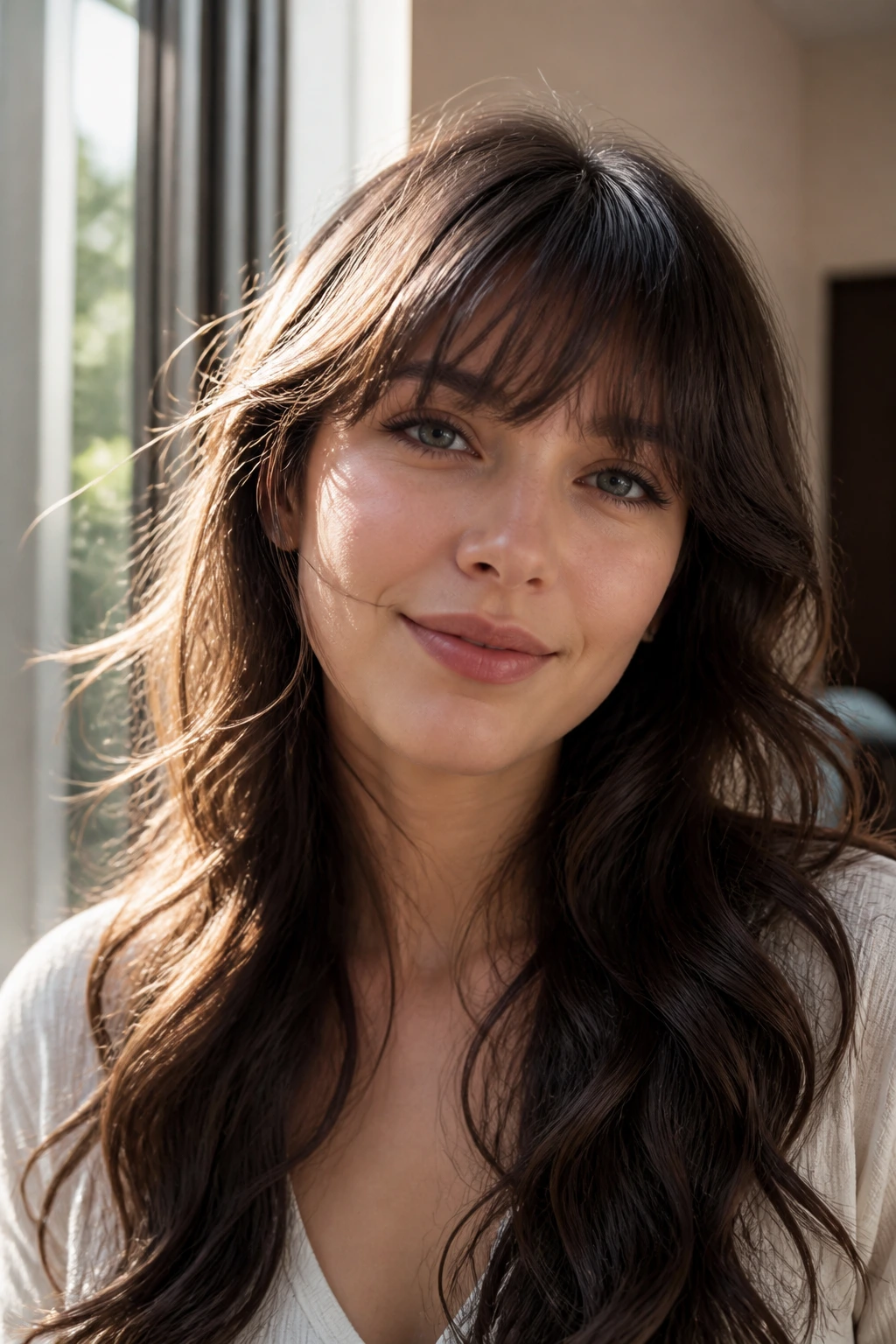 Close-up of a real woman with arched bangs just below the brows