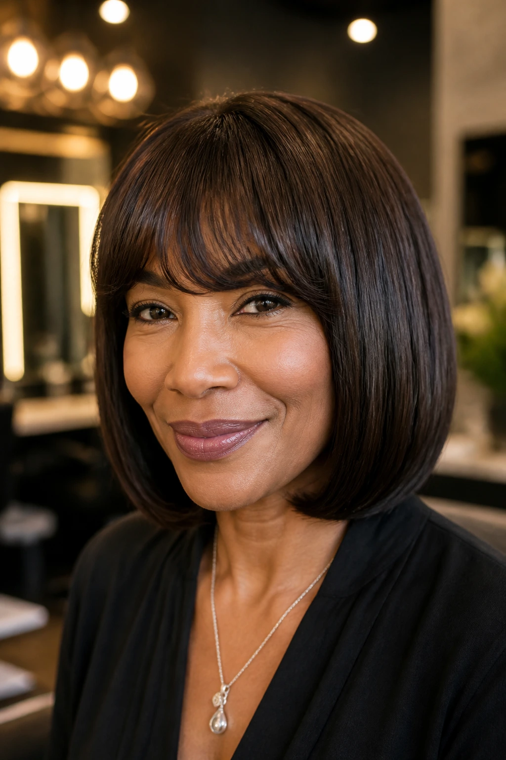 Close-up portrait of a real woman with arched bangs and a classic bob