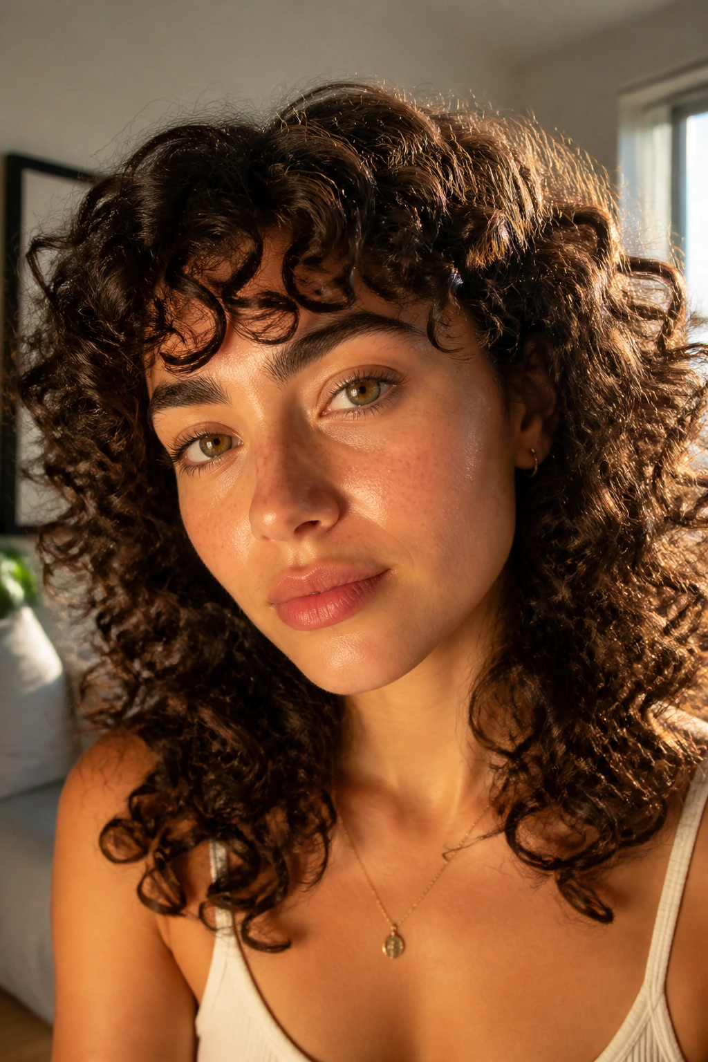 Close-up of a real person with arched bangs tracing the brow line.
