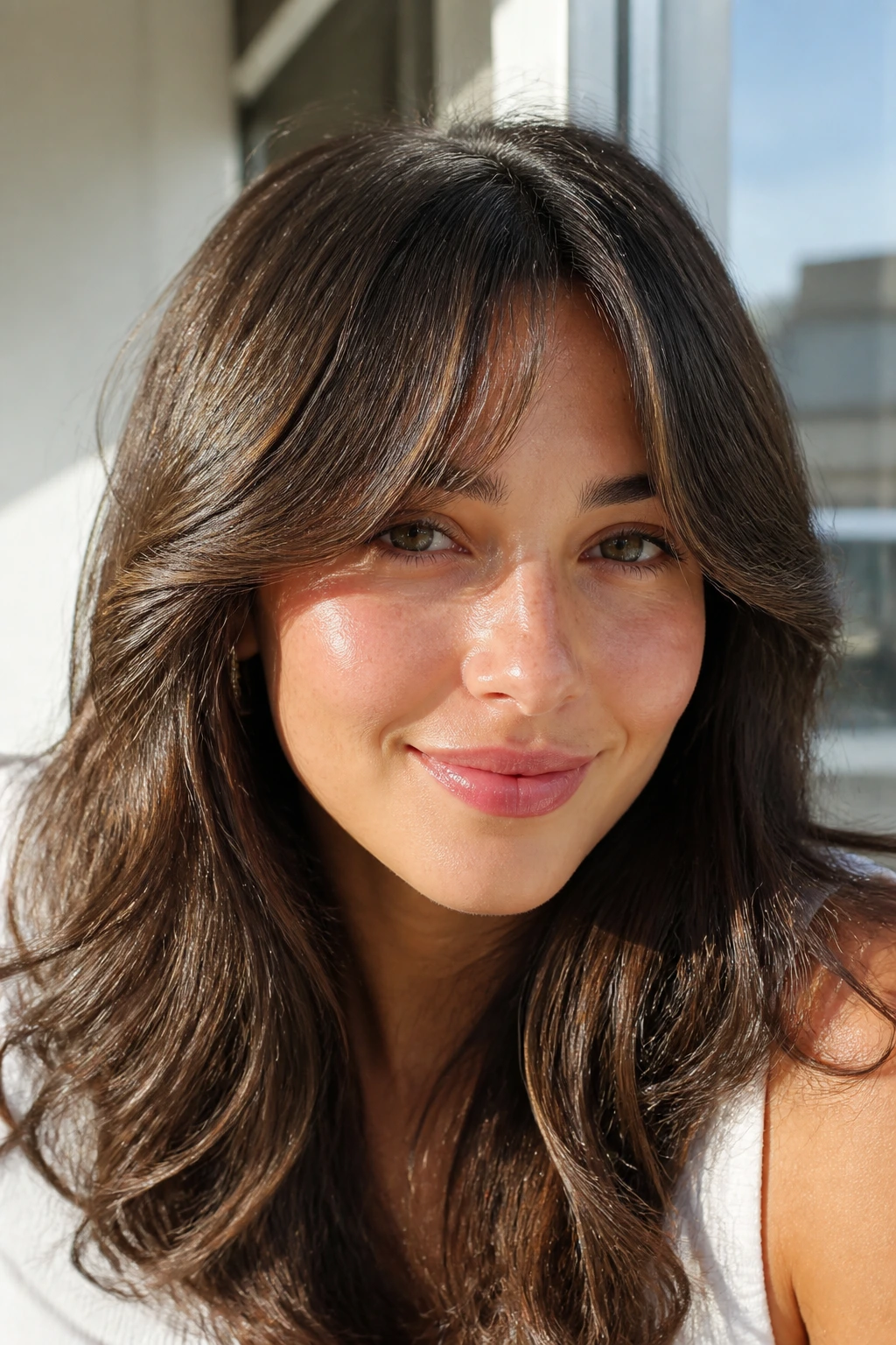 Portrait of a woman with long arched bangs along brow line.