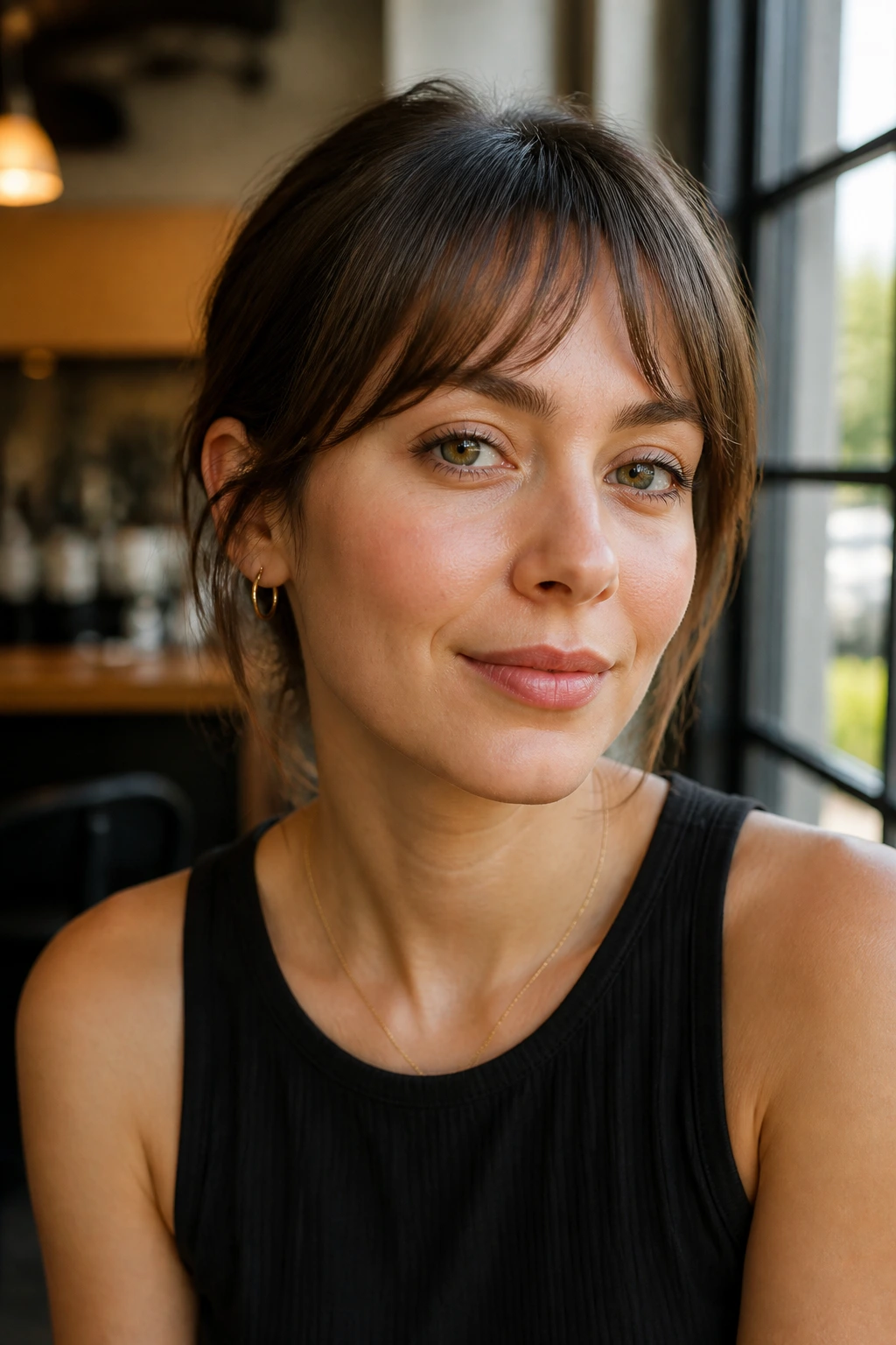 Close-up portrait of a real woman with arched piecey bangs and a soft brow line