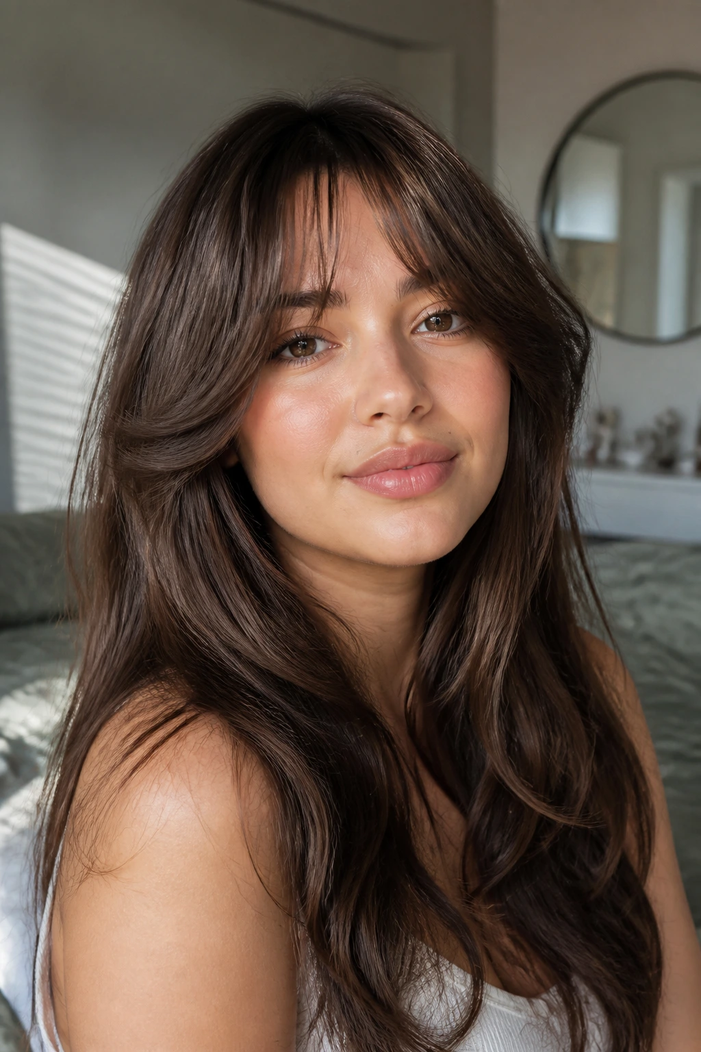 Real woman with arched layered bangs opening at the cheeks, warm light
