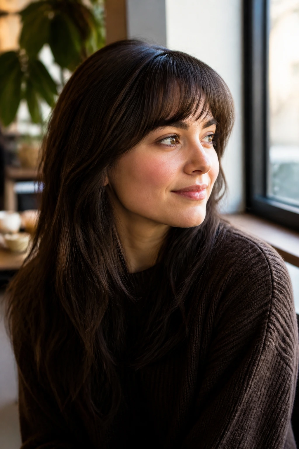Close-up portrait of a real woman with arched brow-grazing bangs.