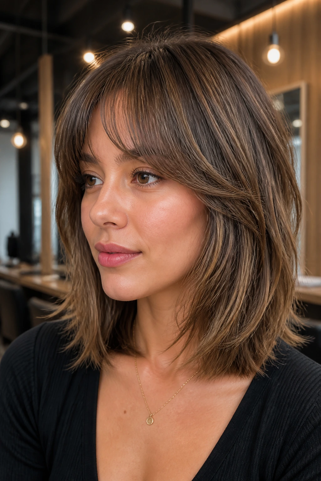 Real woman with arched bangs and layered lob ends in a sleek salon setting.